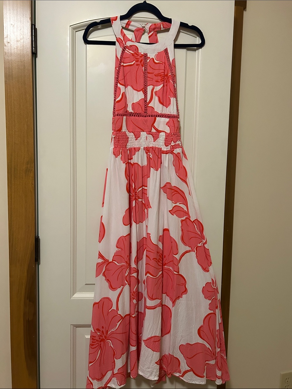 Able the Label Coral Pink Floral Halter Maxi Dress. Intricate Crochet Tie Back